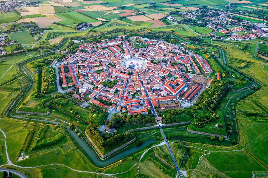 Aerial drone view of the Venetian fortress of Palmanova in Italy